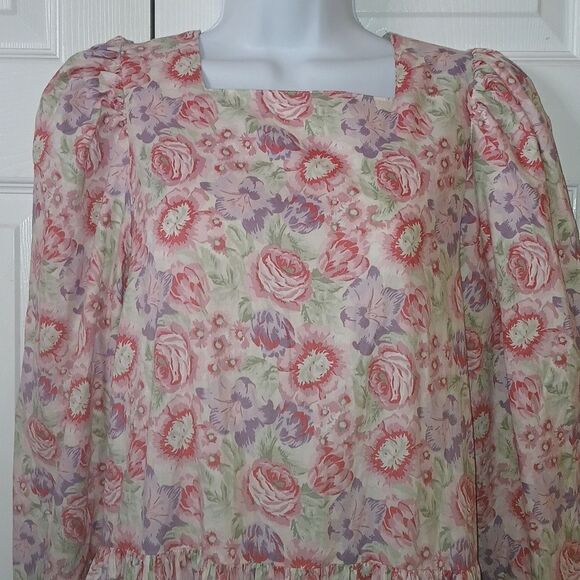 Laura Ashley Vintage 80s cotton blend floral dress pinks and purples Sz 14  NWOT - Picture 2 of 14